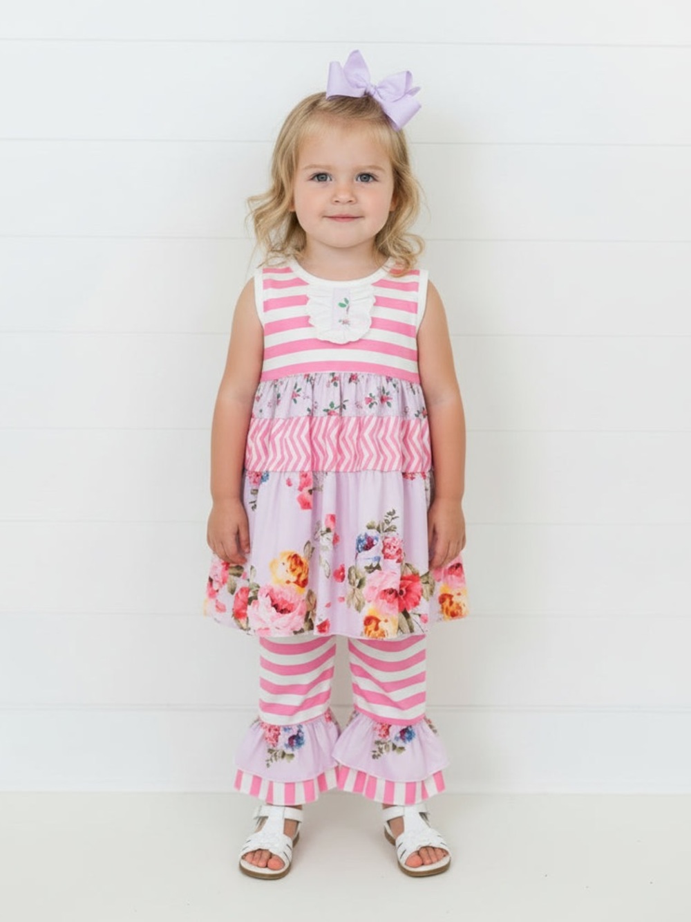 Boutique Pink & Purple Striped Ruffle Outfit, Girl's